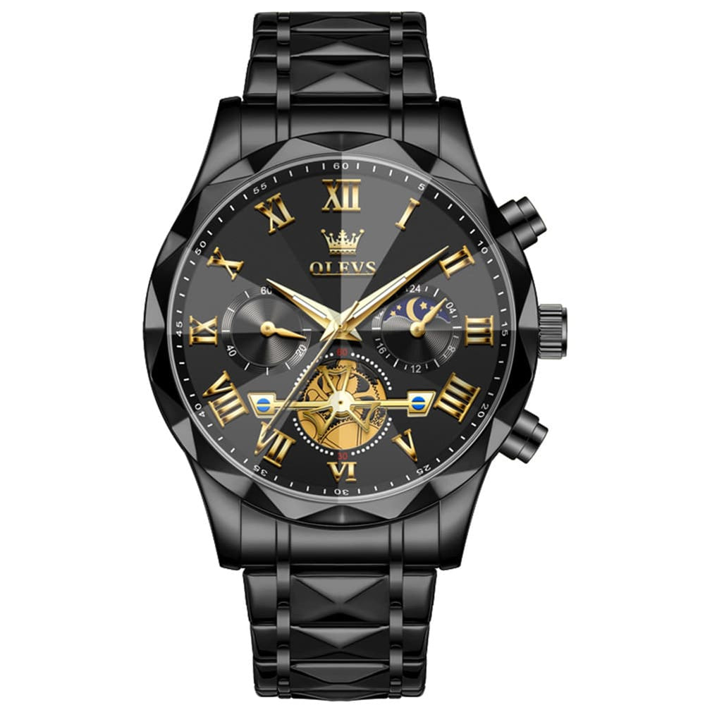 OLEVS 2709 Luxury Moon Phase Open Heart Quartz Watch for Men - All Black Watch | Olevs Watch Store