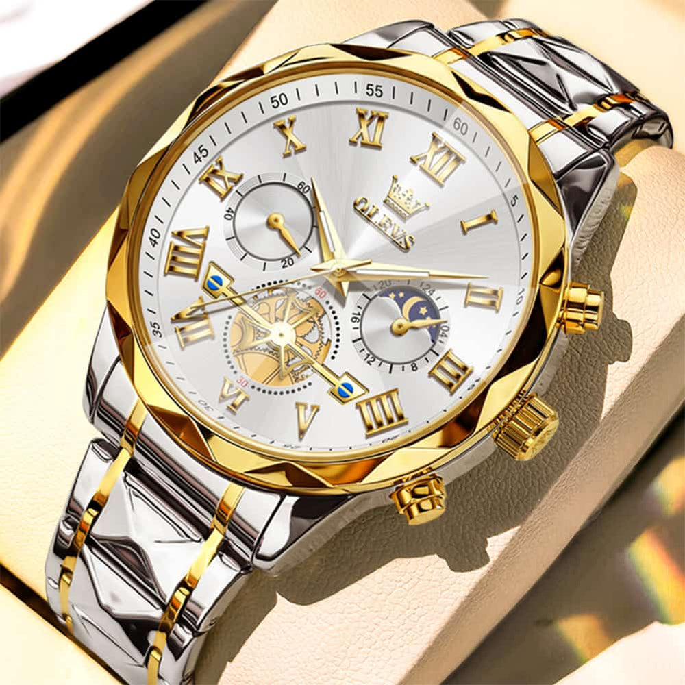 OLEVS 2709 Luxury Moon Phase Open Heart Quartz Watch for Men - All Gold Watch | Olevs Watch Store