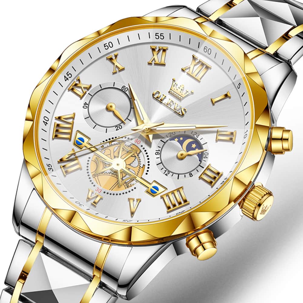 OLEVS 2709 Luxury Moon Phase Open Heart Quartz Watch for Men - All Gold Watch | Olevs Watch Store