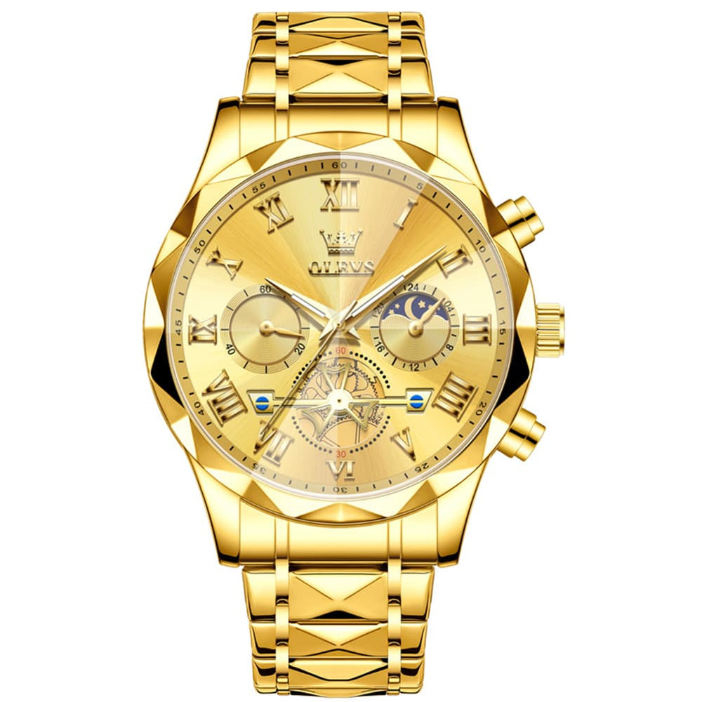 OLEVS 2709 Luxury Moon Phase Open Heart Quartz Watch for Men - All Gold Watch | Olevs Watch Store