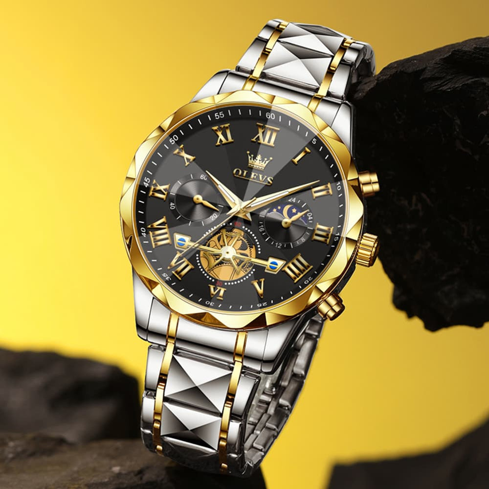 OLEVS 2709 Luxury Moon Phase Open Heart Quartz Watch for Men - All Gold Watch | Olevs Watch Store