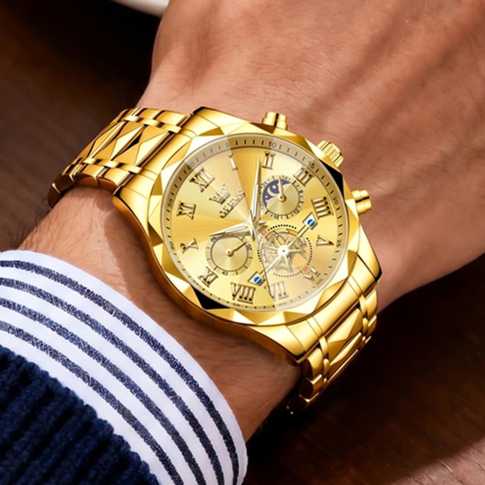OLEVS 2709 Luxury Moon Phase Open Heart Quartz Watch for Men - All Gold Watch | Olevs Watch Store