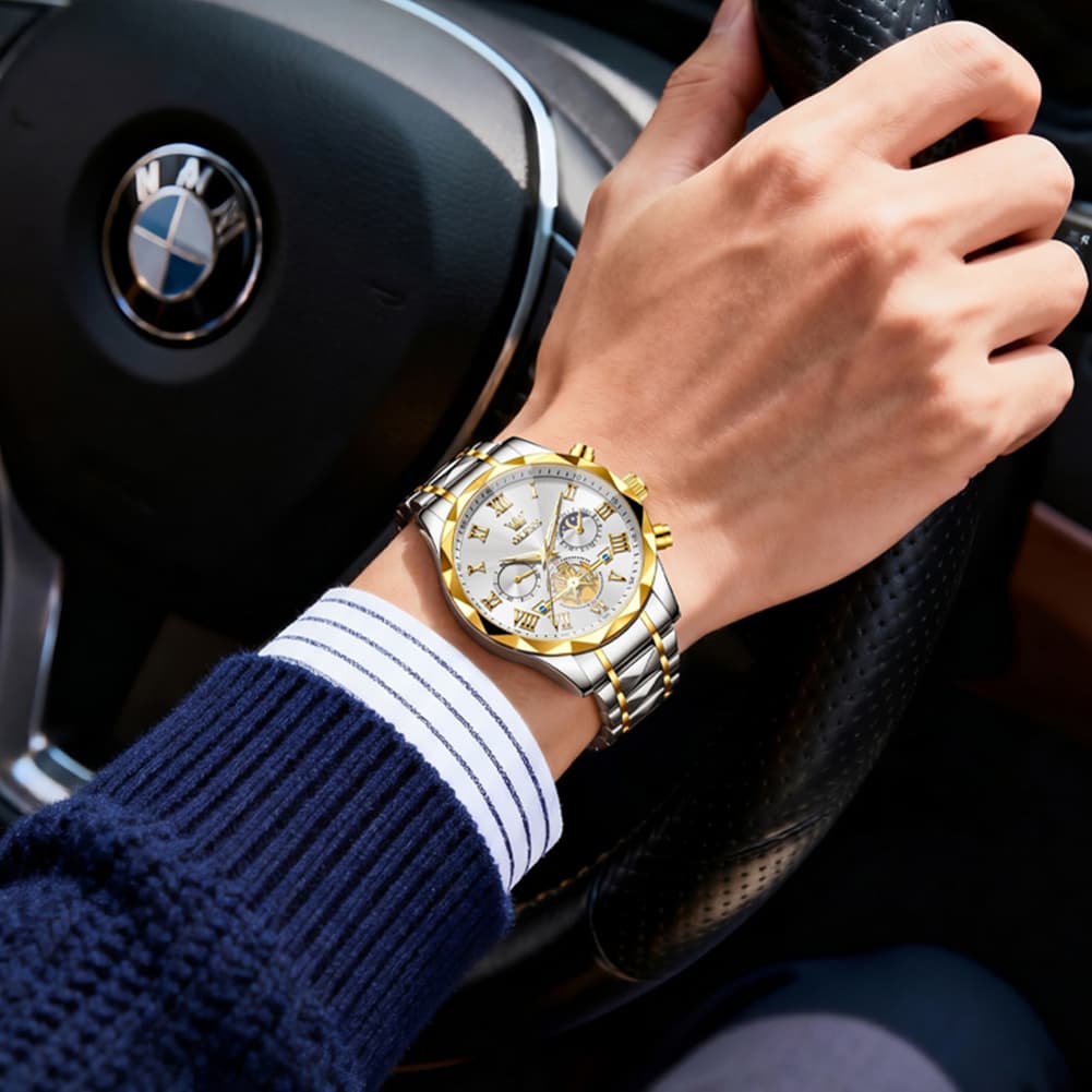 OLEVS 2709 Luxury Moon Phase Open Heart Quartz Watch for Men - All Gold Watch | Olevs Watch Store