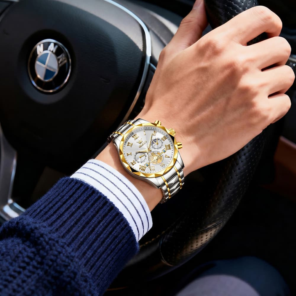 OLEVS 2709 Luxury Moon Phase Open Heart Quartz Watch for Men - All Gold Watch | Olevs Watch Store