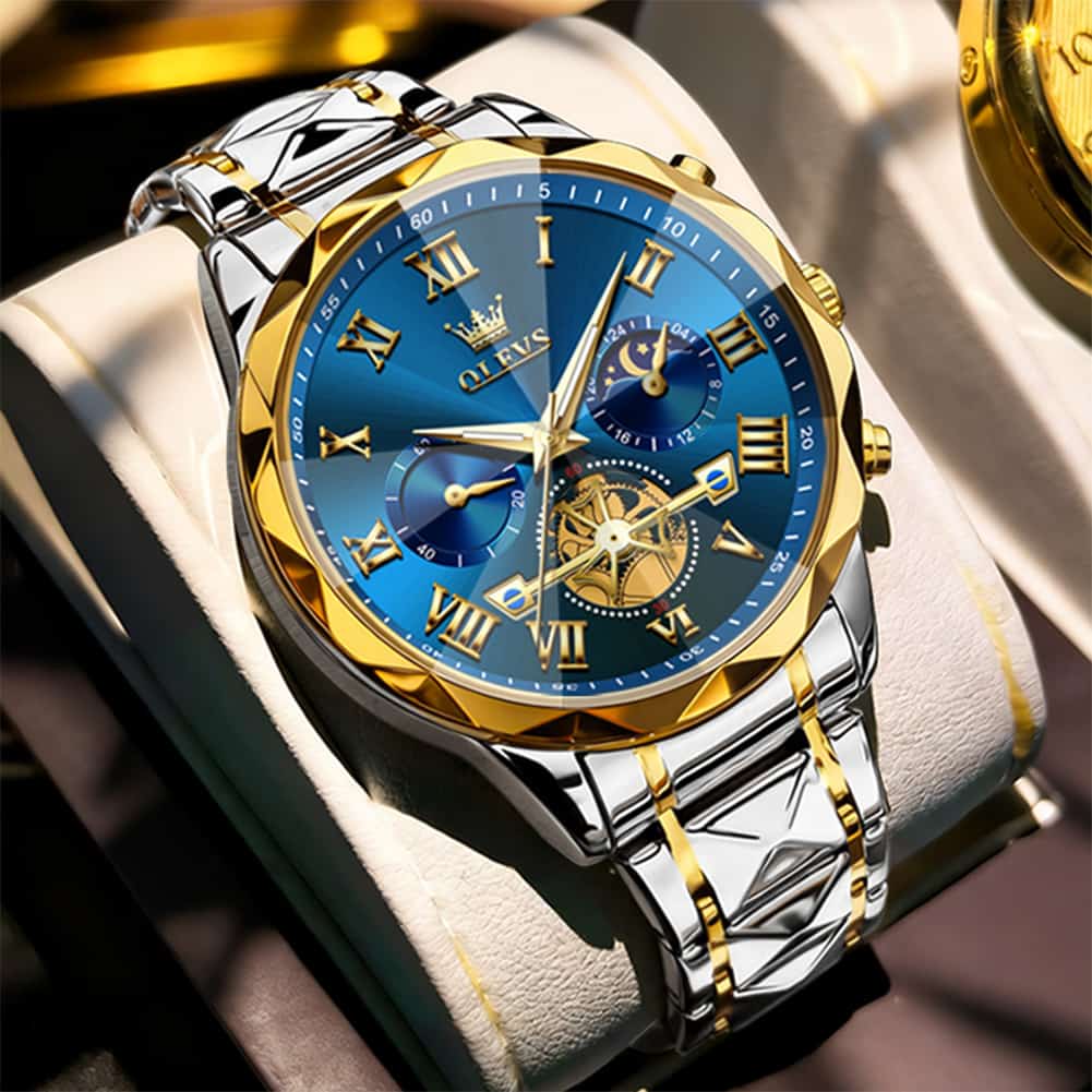 OLEVS 2709 Luxury Moon Phase Open Heart Quartz Watch for Men - All Gold Watch | Olevs Watch Store