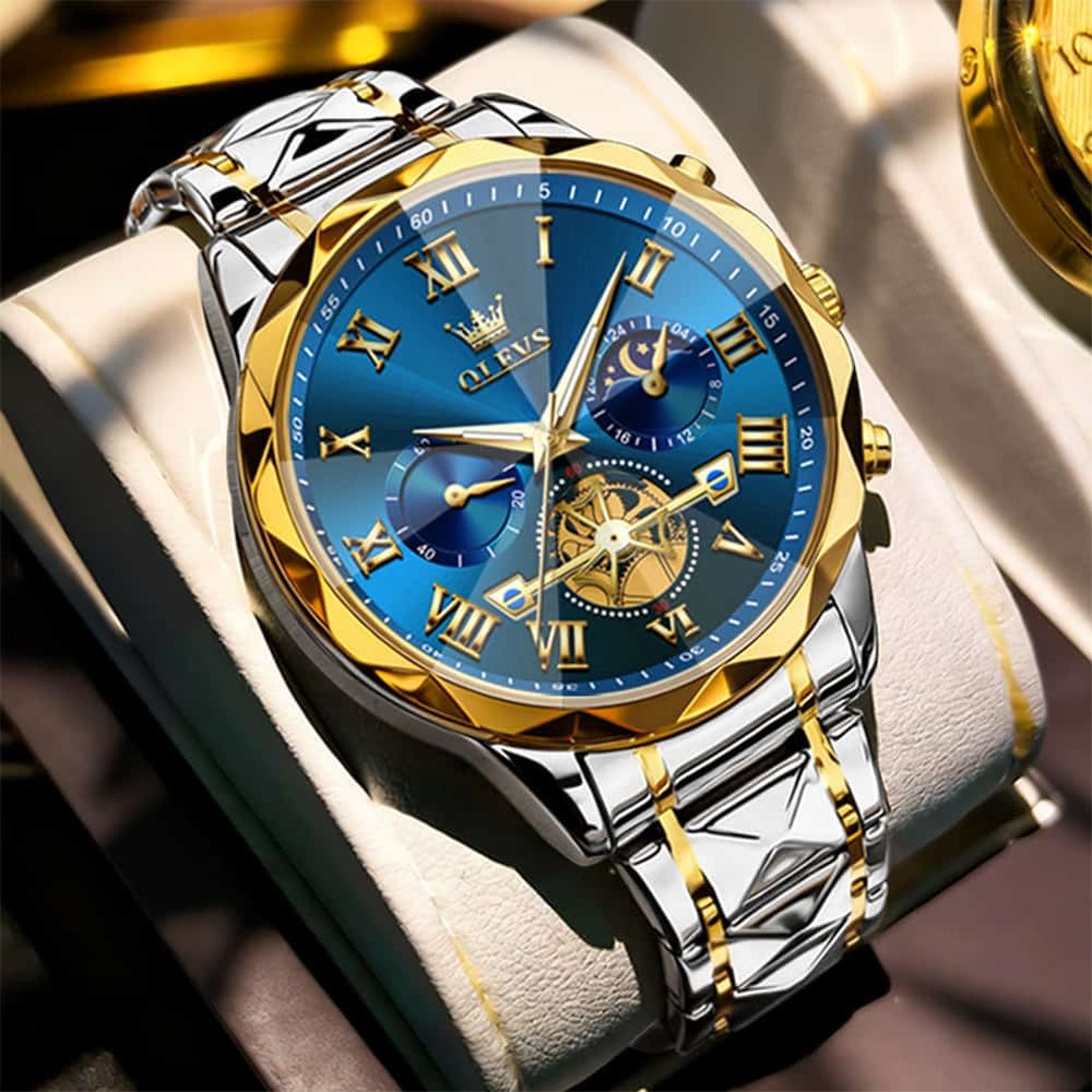 OLEVS 2709 Luxury Moon Phase Open Heart Quartz Watch for Men - All Gold Watch | Olevs Watch Store