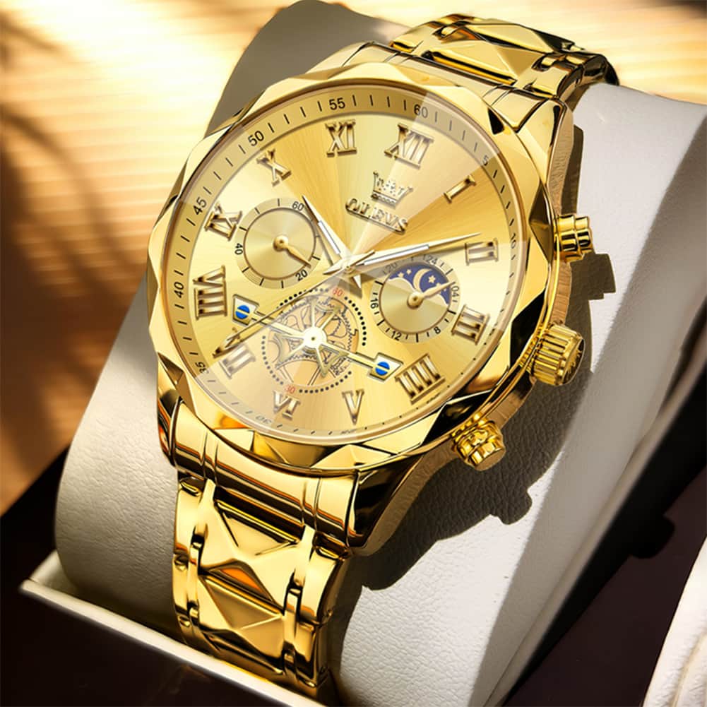OLEVS 2709 Luxury Moon Phase Open Heart Quartz Watch for Men - All Gold Watch | Olevs Watch Store