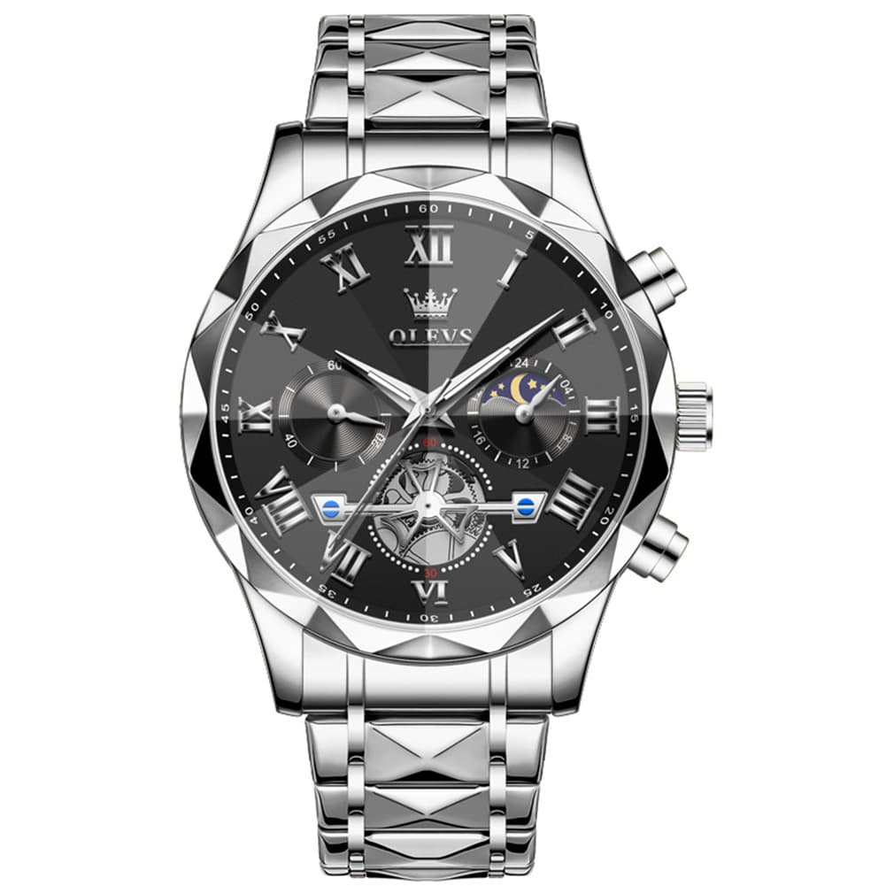 OLEVS 2709 Luxury Moon Phase Open Heart Quartz Watch for Men - Silver Black Watch | Olevs Watch Store
