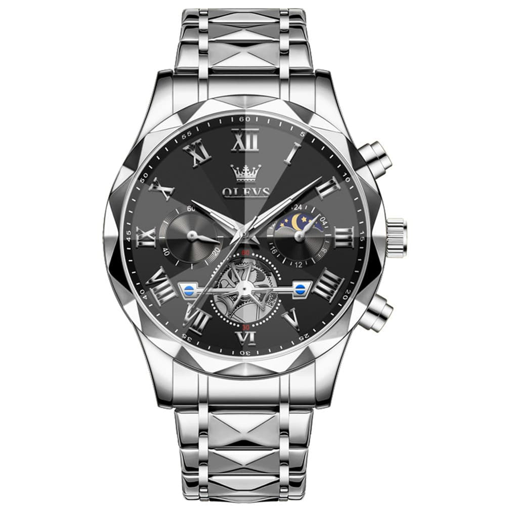 OLEVS 2709 Luxury Moon Phase Open Heart Quartz Watch for Men - Silver Black Watch | Olevs Watch Store