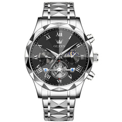 OLEVS 2709 Luxury Moon Phase Open Heart Quartz Watch for Men - Silver Black Watch | Olevs Watch Store