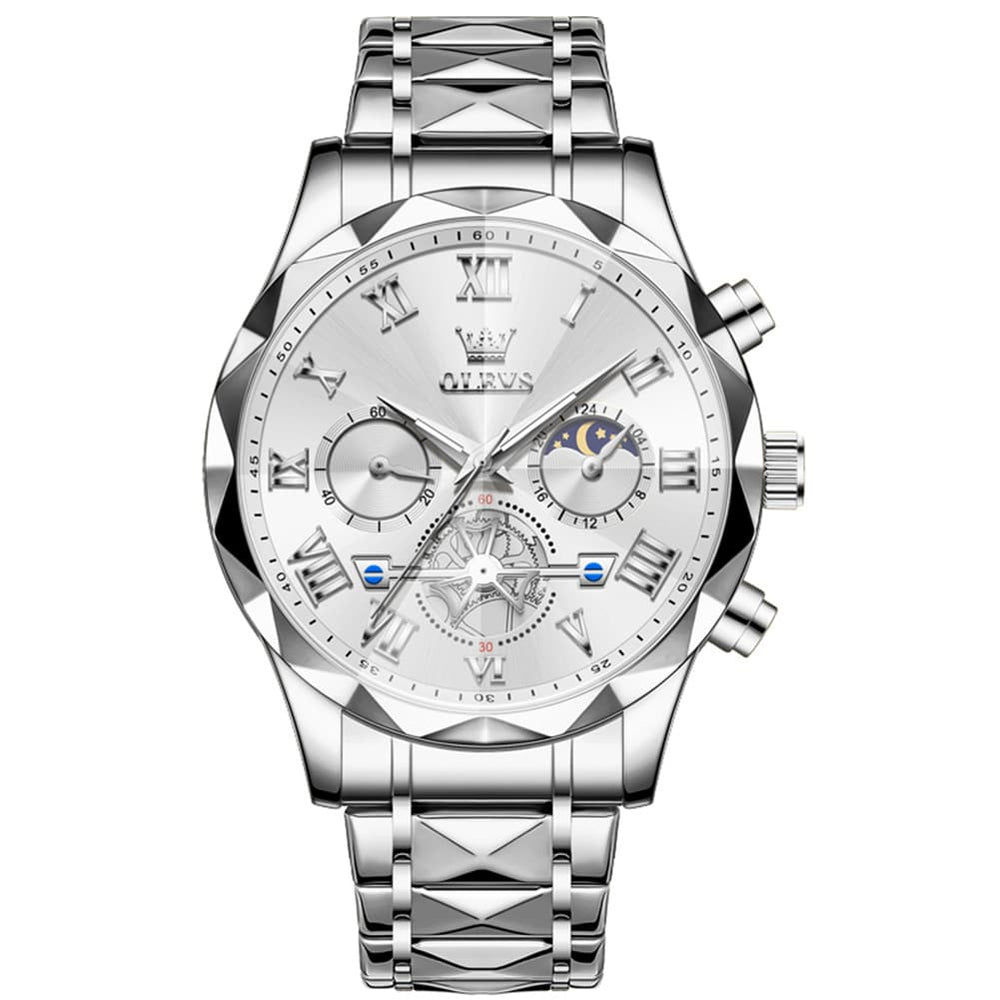 OLEVS 2709 Luxury Moon Phase Open Heart Quartz Watch for Men - Silver White Watch | Olevs Watch Store