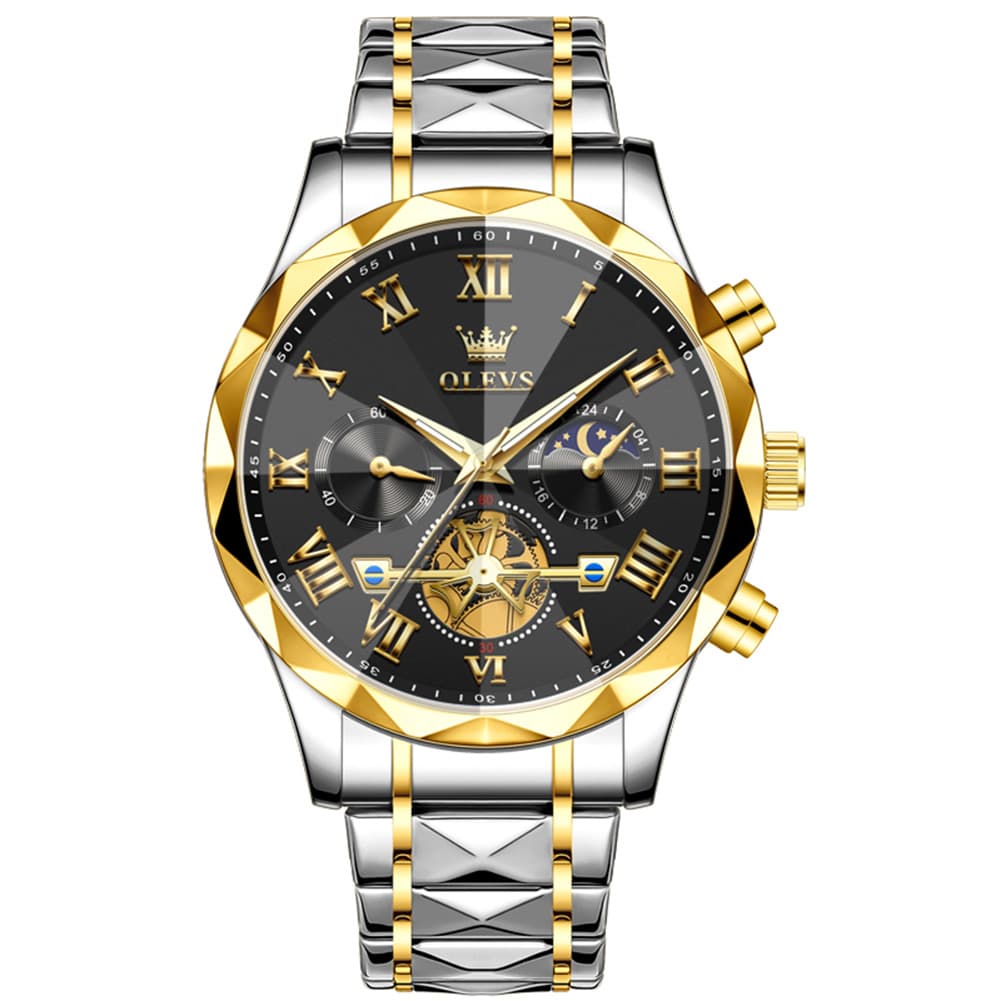 OLEVS 2709 Luxury Moon Phase Open Heart Quartz Watch for Men - Two-Tone Black Watch | Olevs Watch Store