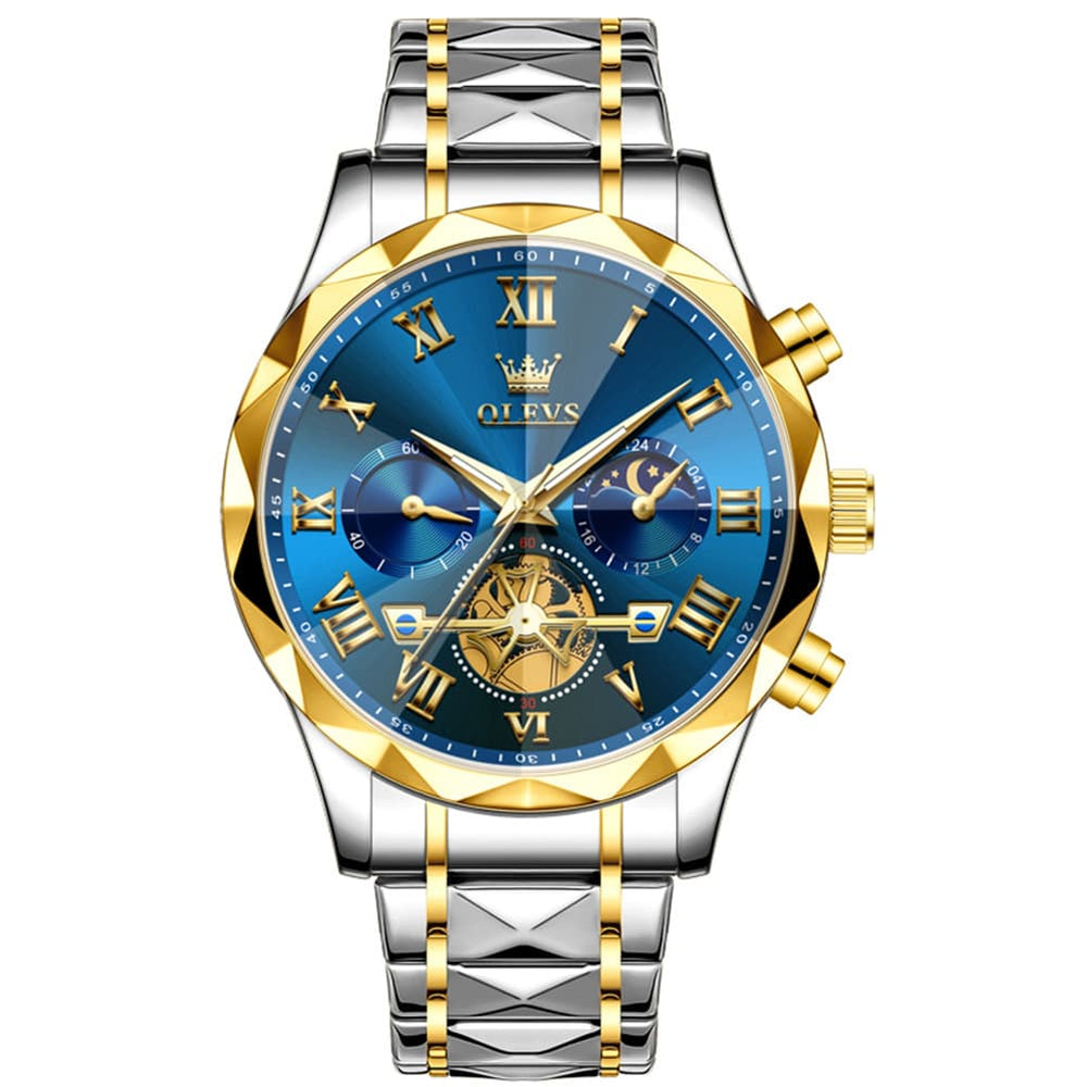OLEVS 2709 Luxury Moon Phase Open Heart Quartz Watch for Men - Two-Tone Blue Watch | Olevs Watch Store