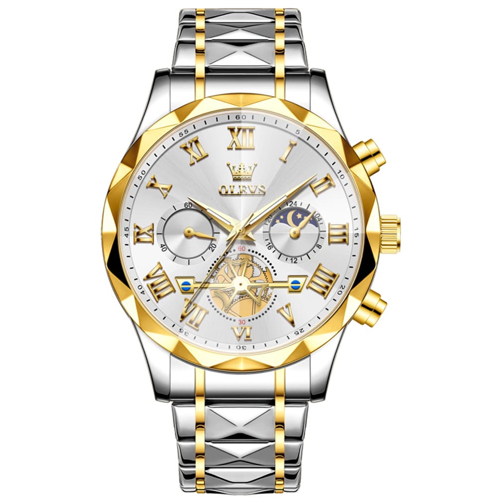 OLEVS 2709 Luxury Moon Phase Open Heart Quartz Watch for Men - Two-Tone White Watch | Olevs Watch Store