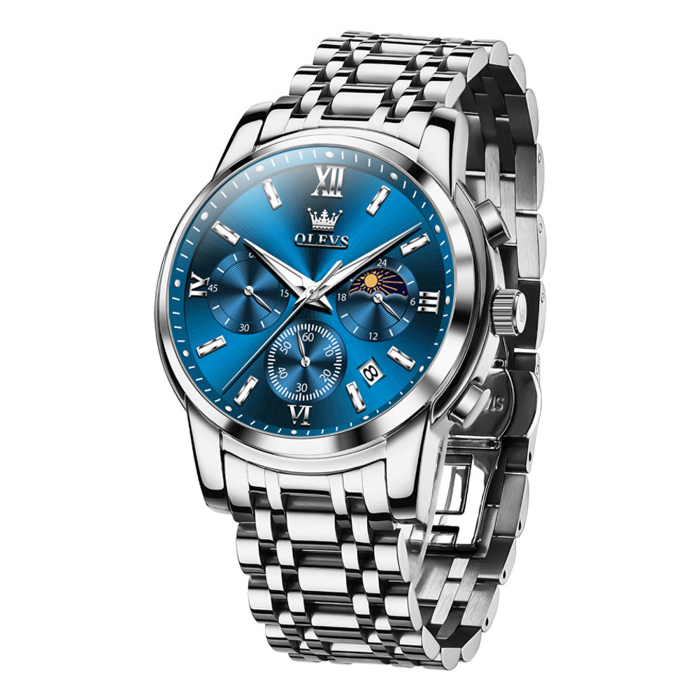 silver blue chronograph quartz watch for men - OLEVS 2718