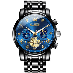 OLEVS 2856 Luxury Moon Phase Chronograph Quartz Watch for Men - All Black Blue Watch | Olevs Watch Store