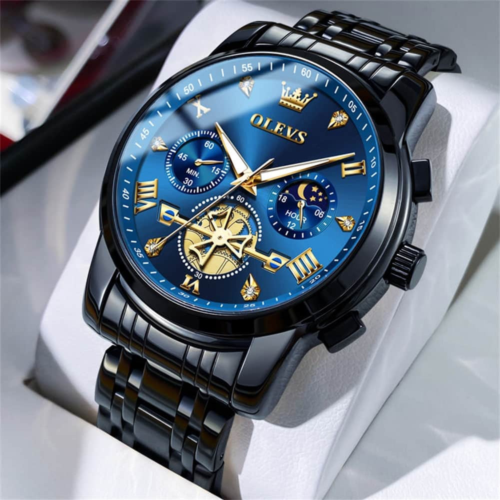 OLEVS 2856 Luxury Moon Phase Chronograph Quartz Watch for Men - All Black Silver Watch | Olevs Watch Store