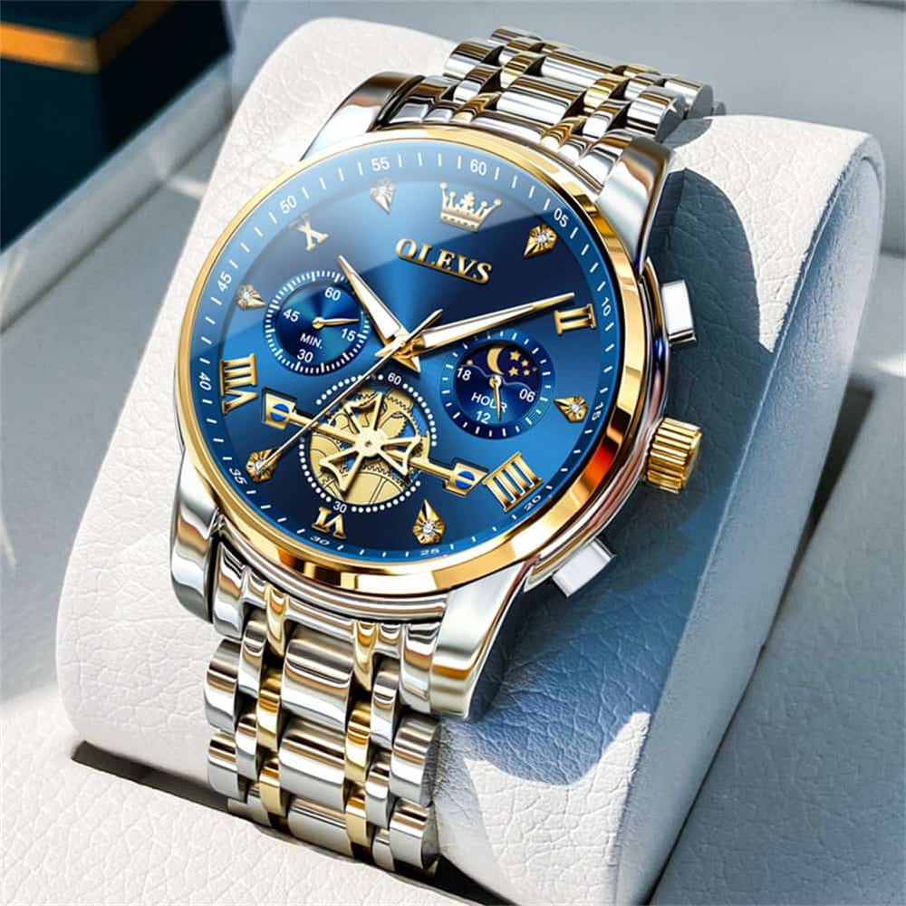 OLEVS 2856 Luxury Moon Phase Chronograph Quartz Watch for Men - All Black Silver Watch | Olevs Watch Store