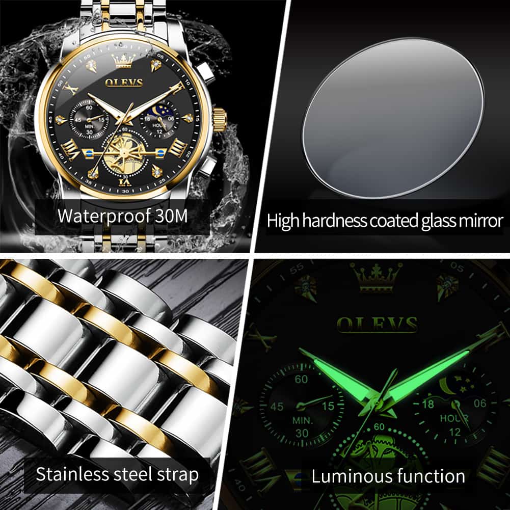 OLEVS 2856 Luxury Moon Phase Chronograph Quartz Watch for Men - All Black Silver Watch | Olevs Watch Store