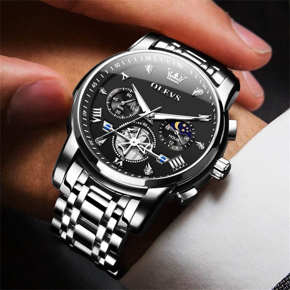 OLEVS 2856 Luxury Moon Phase Chronograph Quartz Watch for Men - All Black Silver Watch | Olevs Watch Store