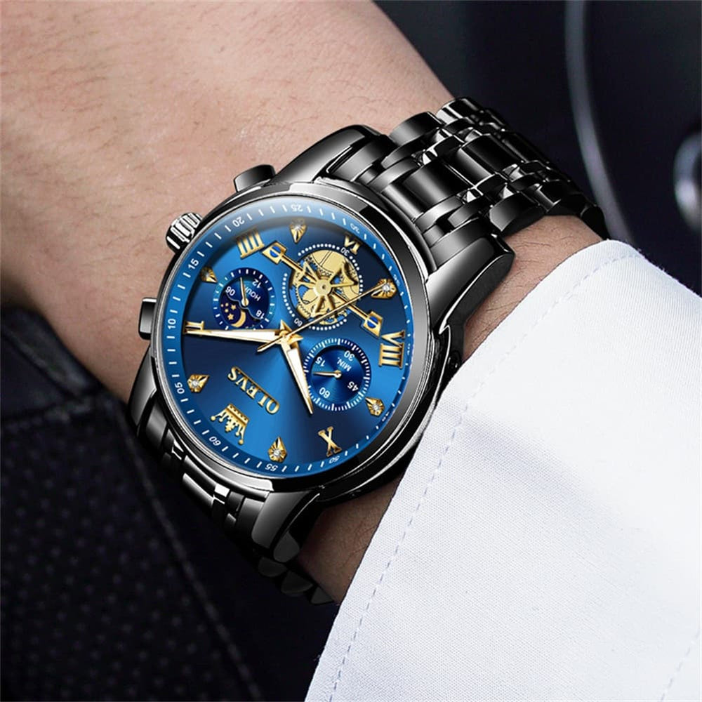 OLEVS 2856 Luxury Moon Phase Chronograph Quartz Watch for Men - All Black Silver Watch | Olevs Watch Store