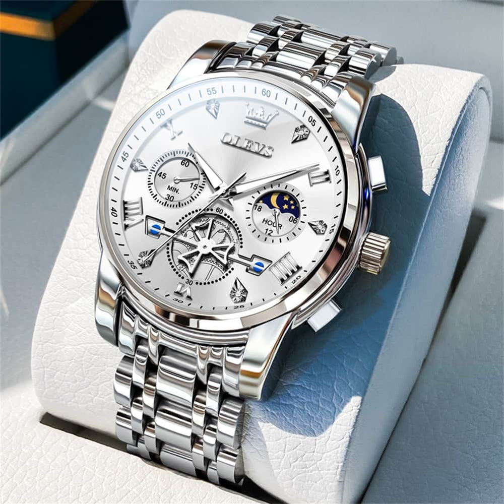 OLEVS 2856 Luxury Moon Phase Chronograph Quartz Watch for Men - All Black Silver Watch | Olevs Watch Store