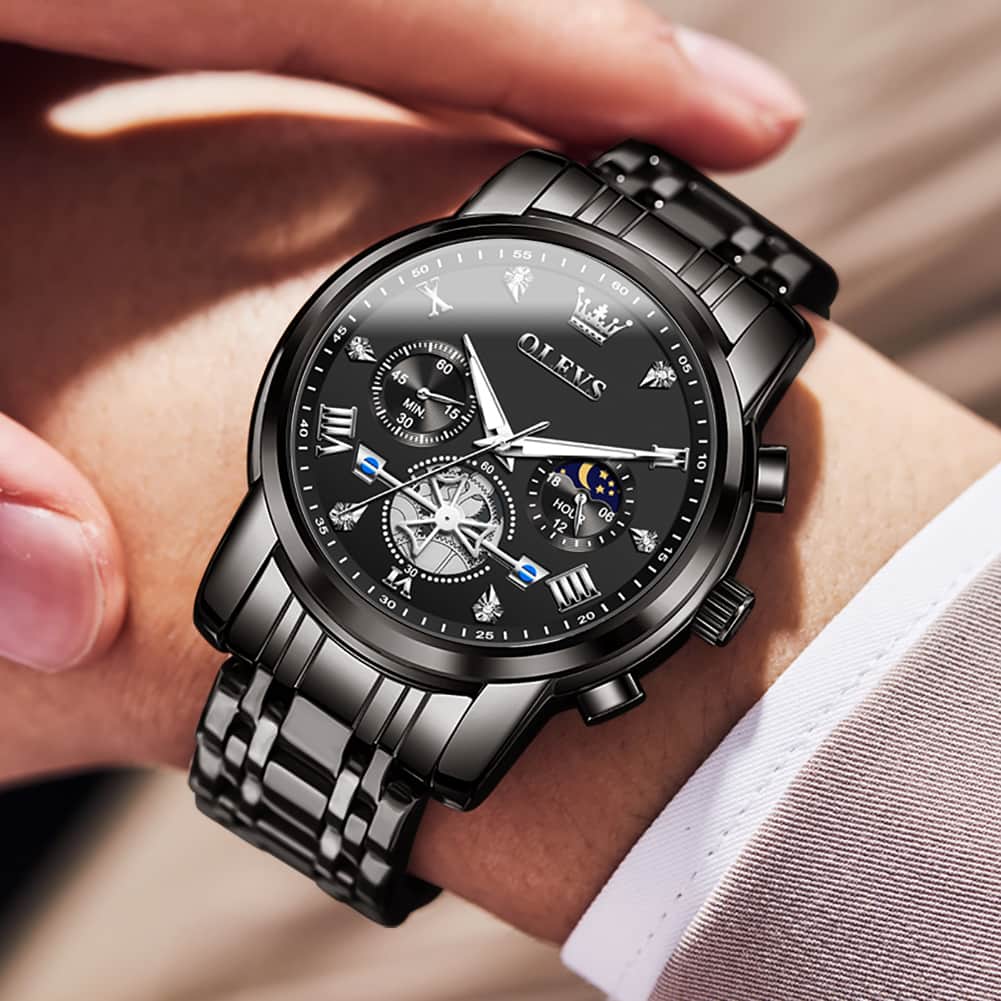 OLEVS 2856 Luxury Moon Phase Chronograph Quartz Watch for Men - All Black Silver Watch | Olevs Watch Store