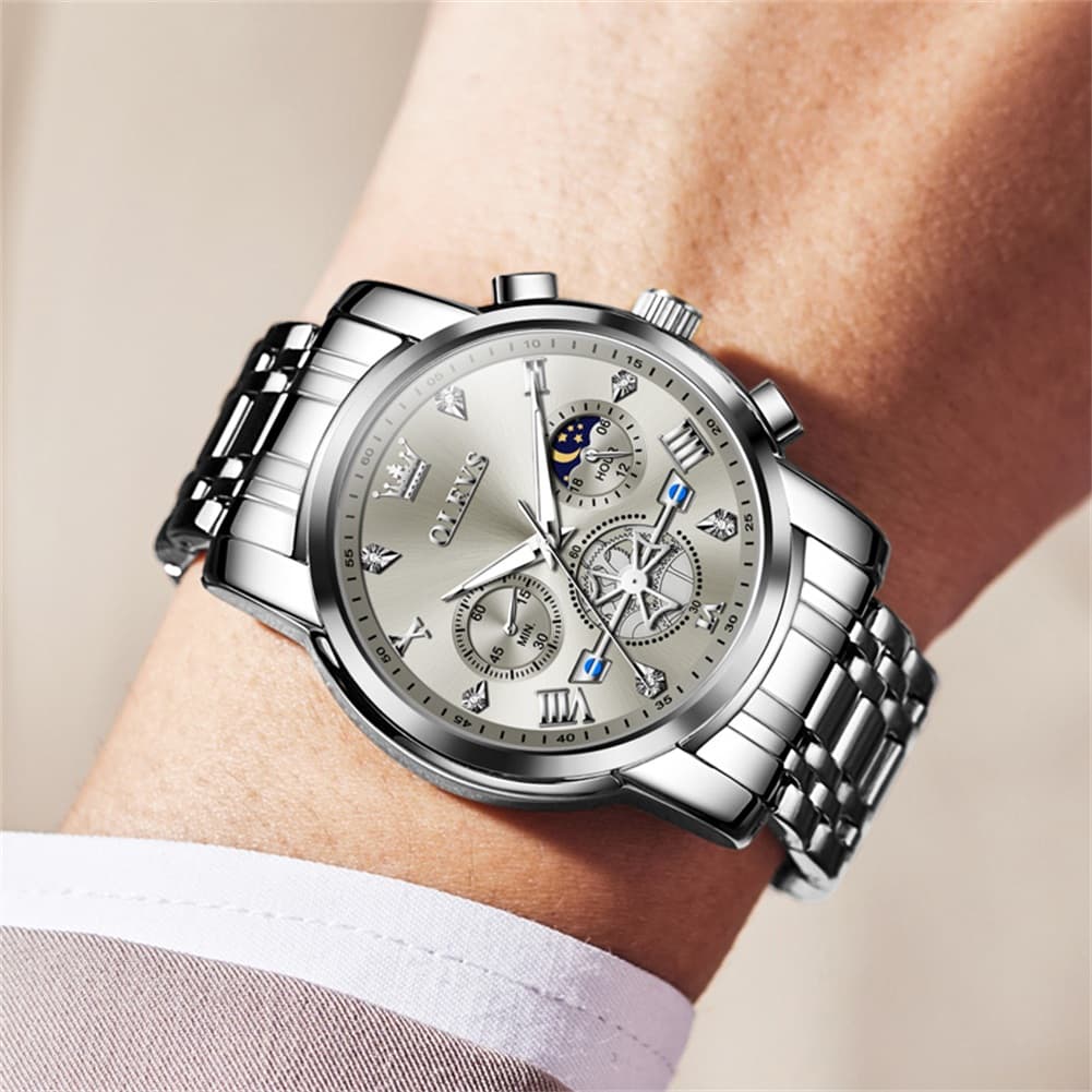 OLEVS 2856 Luxury Moon Phase Chronograph Quartz Watch for Men - All Black Silver Watch | Olevs Watch Store