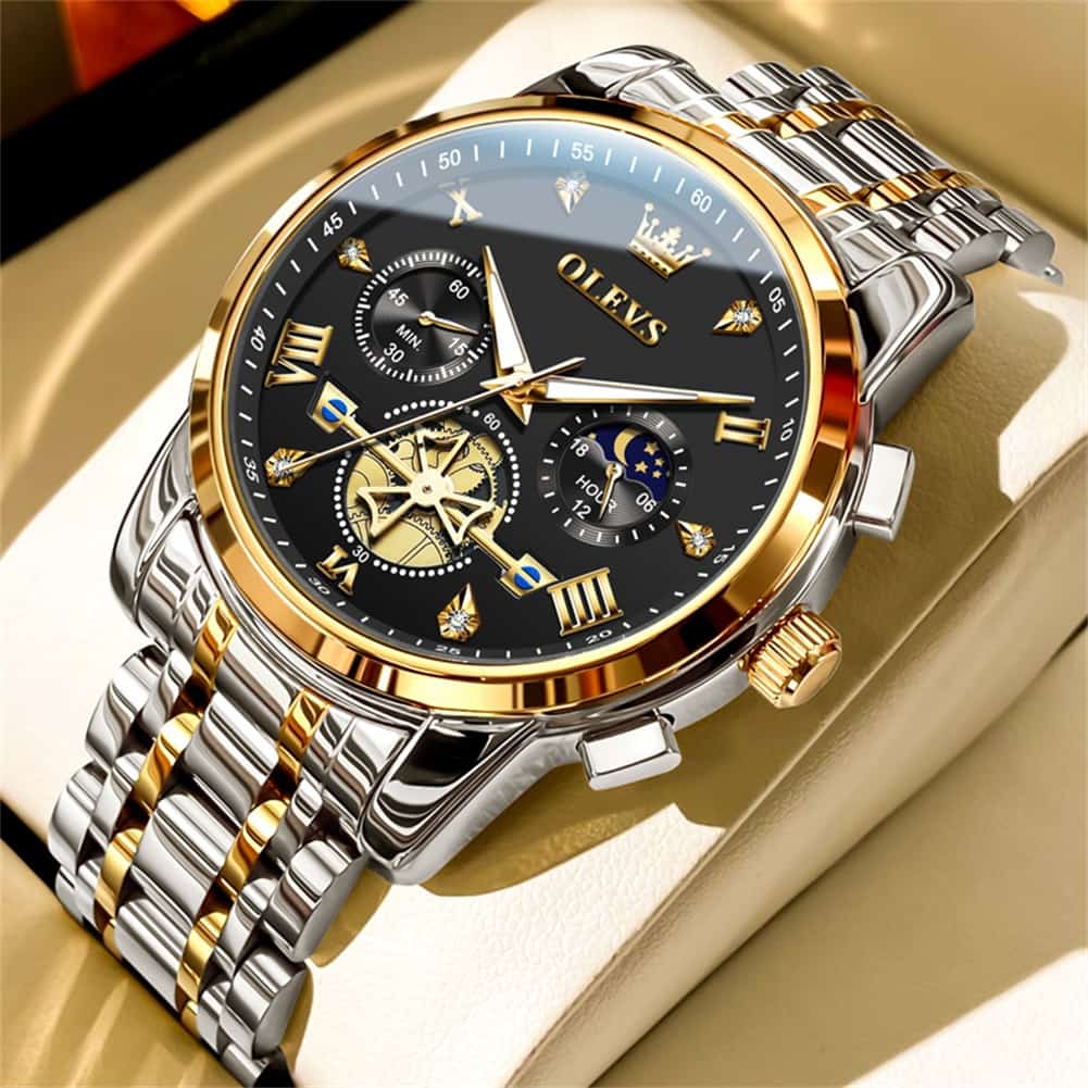 OLEVS 2856 Luxury Moon Phase Chronograph Quartz Watch for Men - All Black Silver Watch | Olevs Watch Store