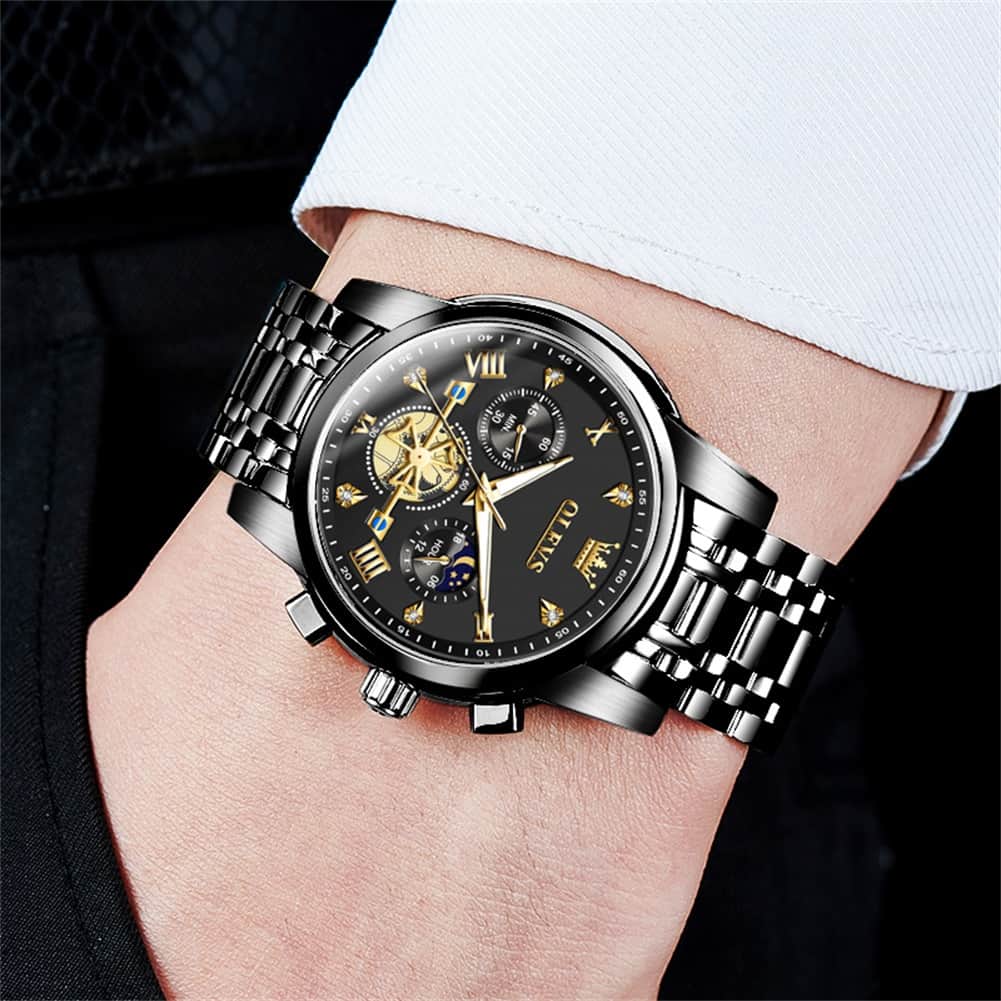 OLEVS 2856 Luxury Moon Phase Chronograph Quartz Watch for Men - All Black Silver Watch | Olevs Watch Store