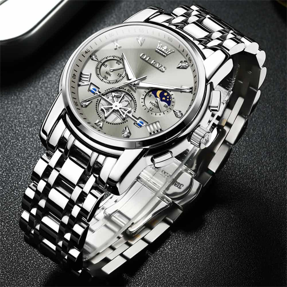 OLEVS 2856 Luxury Moon Phase Chronograph Quartz Watch for Men - All Black Silver Watch | Olevs Watch Store