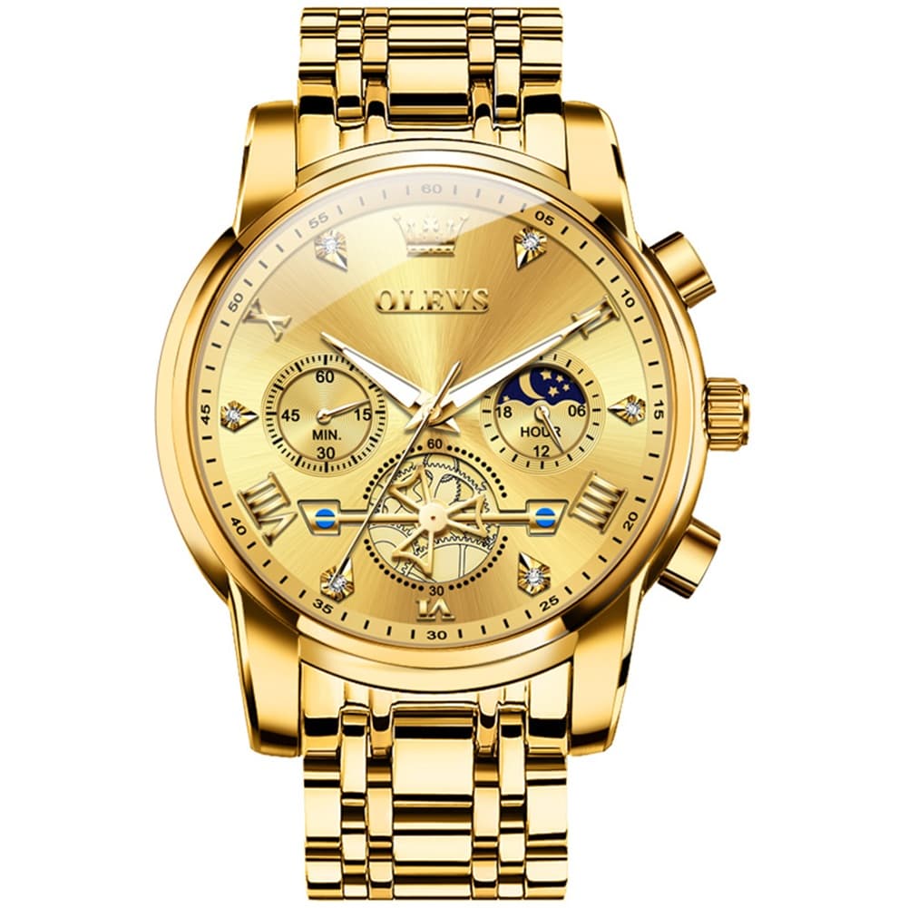 OLEVS 2856 Luxury Moon Phase Chronograph Quartz Watch for Men - All Gold Watch | Olevs Watch Store