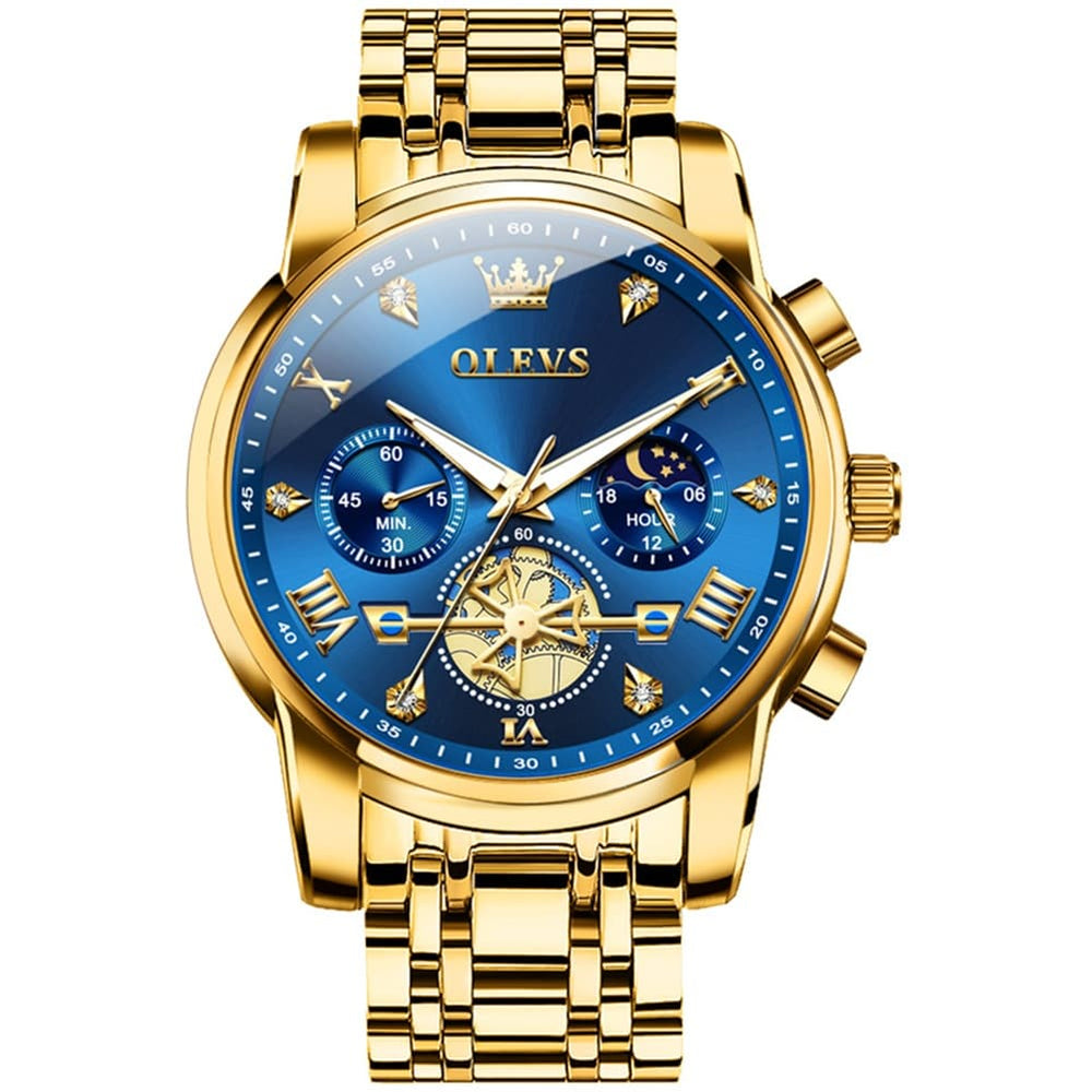 OLEVS 2856 Luxury Moon Phase Chronograph Quartz Watch for Men - All Gold Blue Watch | Olevs Watch Store