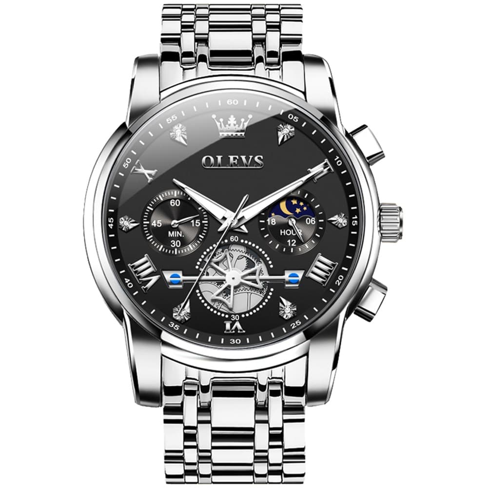 OLEVS 2856 Luxury Moon Phase Chronograph Quartz Watch for Men - Silver Black Watch | Olevs Watch Store