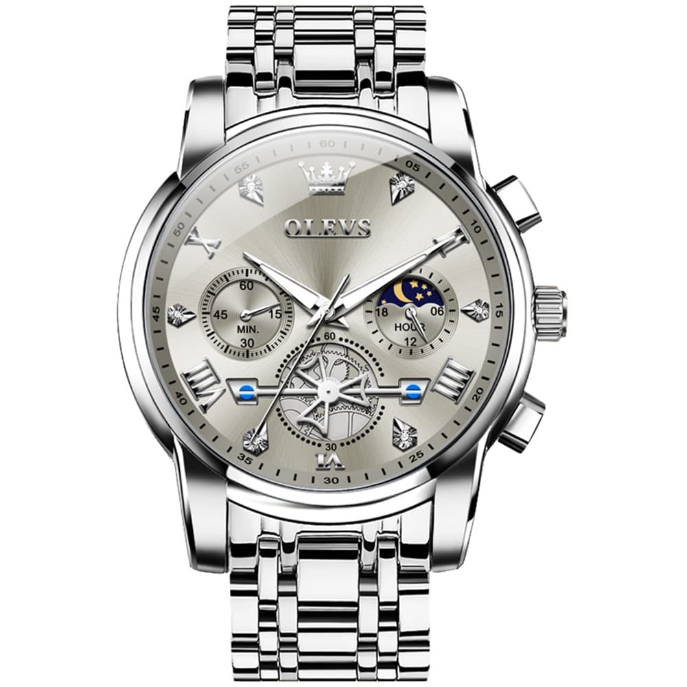 OLEVS 2856 Luxury Moon Phase Chronograph Quartz Watch for Men - Silver Grey Watch | Olevs Watch Store