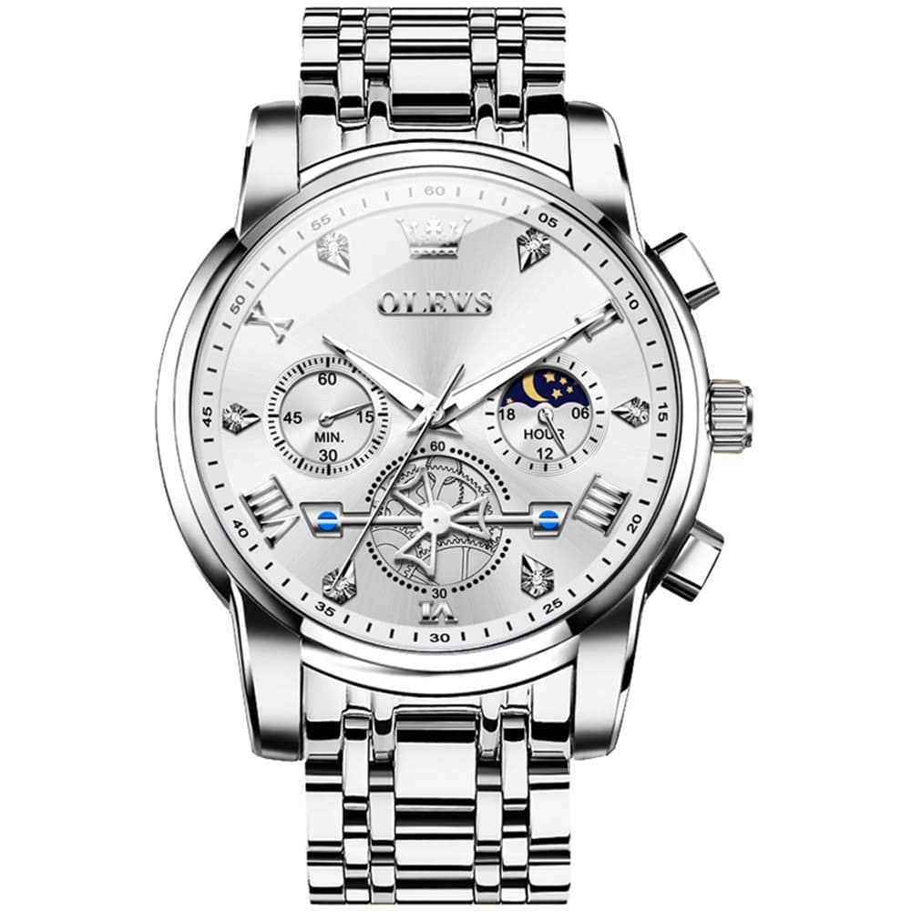 OLEVS 2856 Luxury Moon Phase Chronograph Quartz Watch for Men - Silver White Watch | Olevs Watch Store