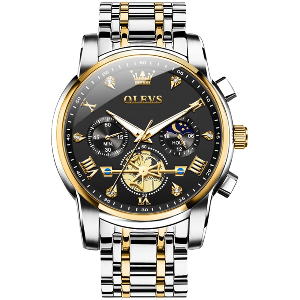 OLEVS 2856 Luxury Moon Phase Chronograph Quartz Watch for Men - Two-Tone Black Watch | Olevs Watch Store