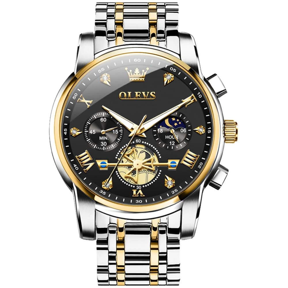 OLEVS 2856 Luxury Moon Phase Chronograph Quartz Watch for Men - Two-Tone Black Watch | Olevs Watch Store