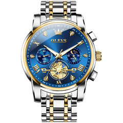 OLEVS 2856 Luxury Moon Phase Chronograph Quartz Watch for Men - Two-Tone Blue Watch | Olevs Watch Store