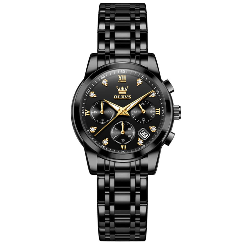 OLEVS 2858 Elegant Moon Phase Chronograph Watch for Women - All Black Watch | Olevs Watch Store