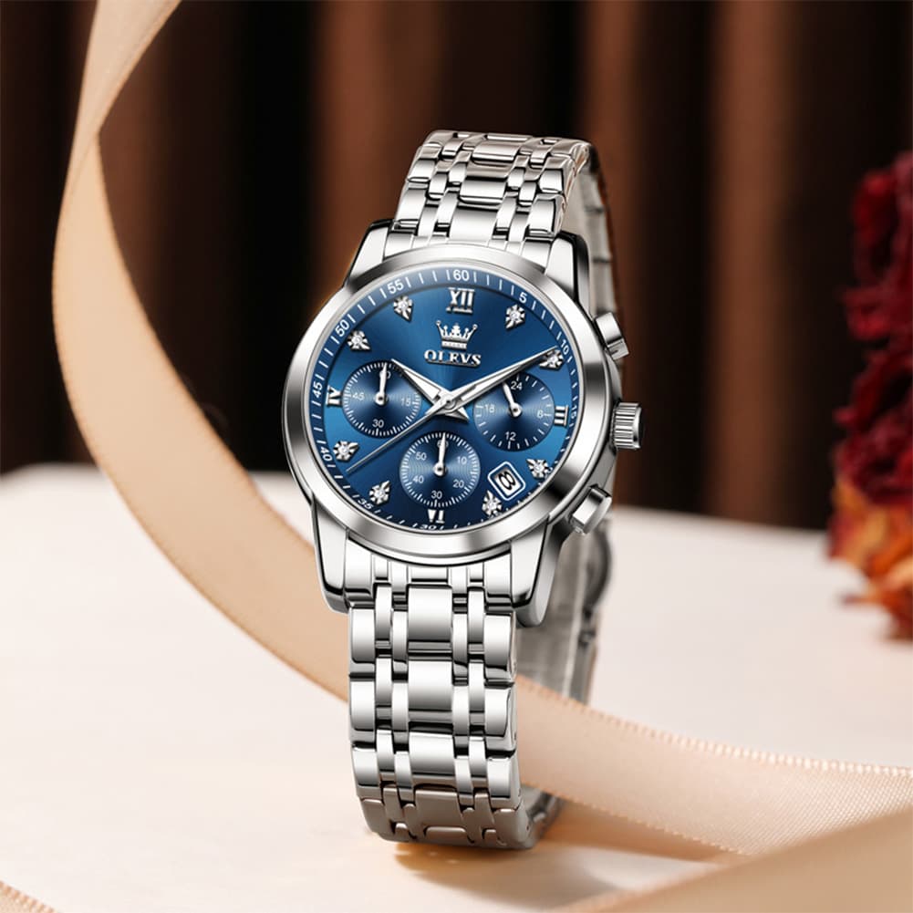 OLEVS 2858 Elegant Moon Phase Chronograph Watch for Women - All Black Watch | Olevs Watch Store
