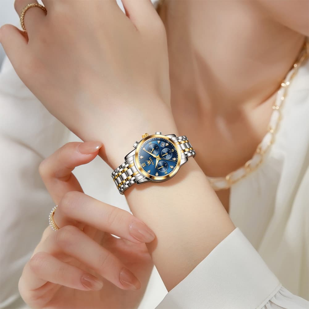 OLEVS 2858 Elegant Moon Phase Chronograph Watch for Women - All Black Watch | Olevs Watch Store