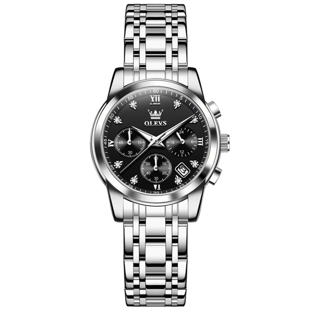 OLEVS 2858 Elegant Moon Phase Chronograph Watch for Women - Silver Black Watch | Olevs Watch Store
