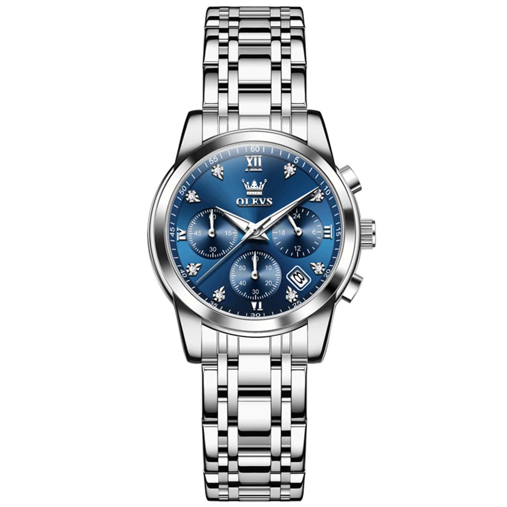 OLEVS 2858 Elegant Moon Phase Chronograph Watch for Women - Silver Blue Watch | Olevs Watch Store