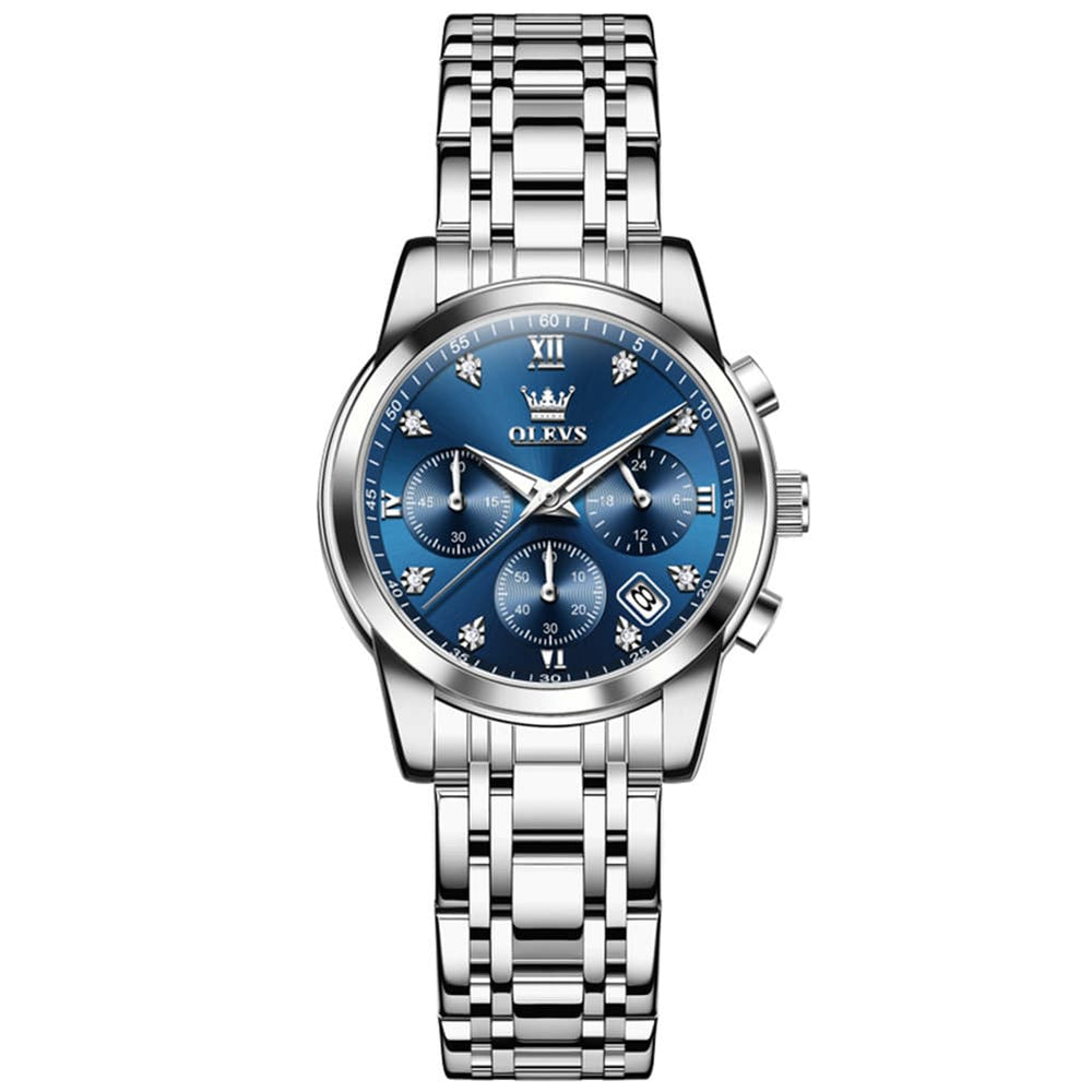 OLEVS 2858 Elegant Moon Phase Chronograph Watch for Women - Silver Blue Watch | Olevs Watch Store