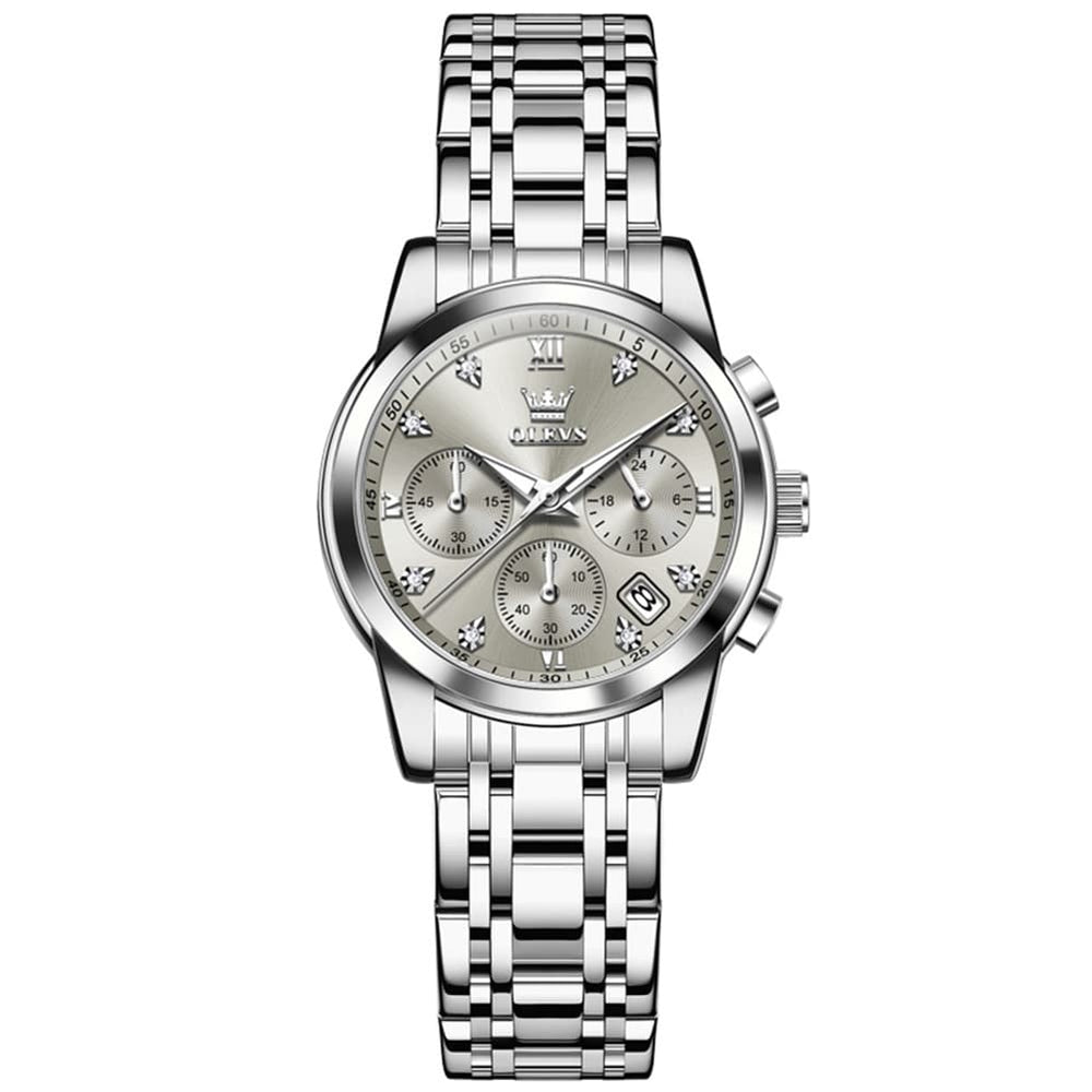 OLEVS 2858 Elegant Moon Phase Chronograph Watch for Women - Silver Grey Watch | Olevs Watch Store