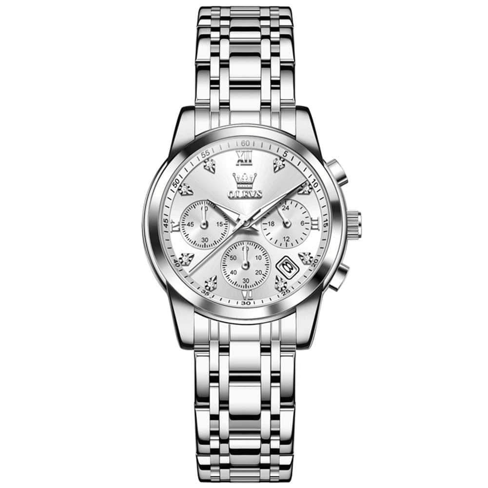 OLEVS 2858 Elegant Moon Phase Chronograph Watch for Women - Silver White Watch | Olevs Watch Store