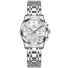 OLEVS 2858 Elegant Moon Phase Chronograph Watch for Women - Silver White Watch | Olevs Watch Store
