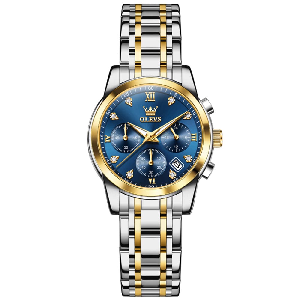 OLEVS 2858 Elegant Moon Phase Chronograph Watch for Women - Two-Tone Blue Watch | Olevs Watch Store