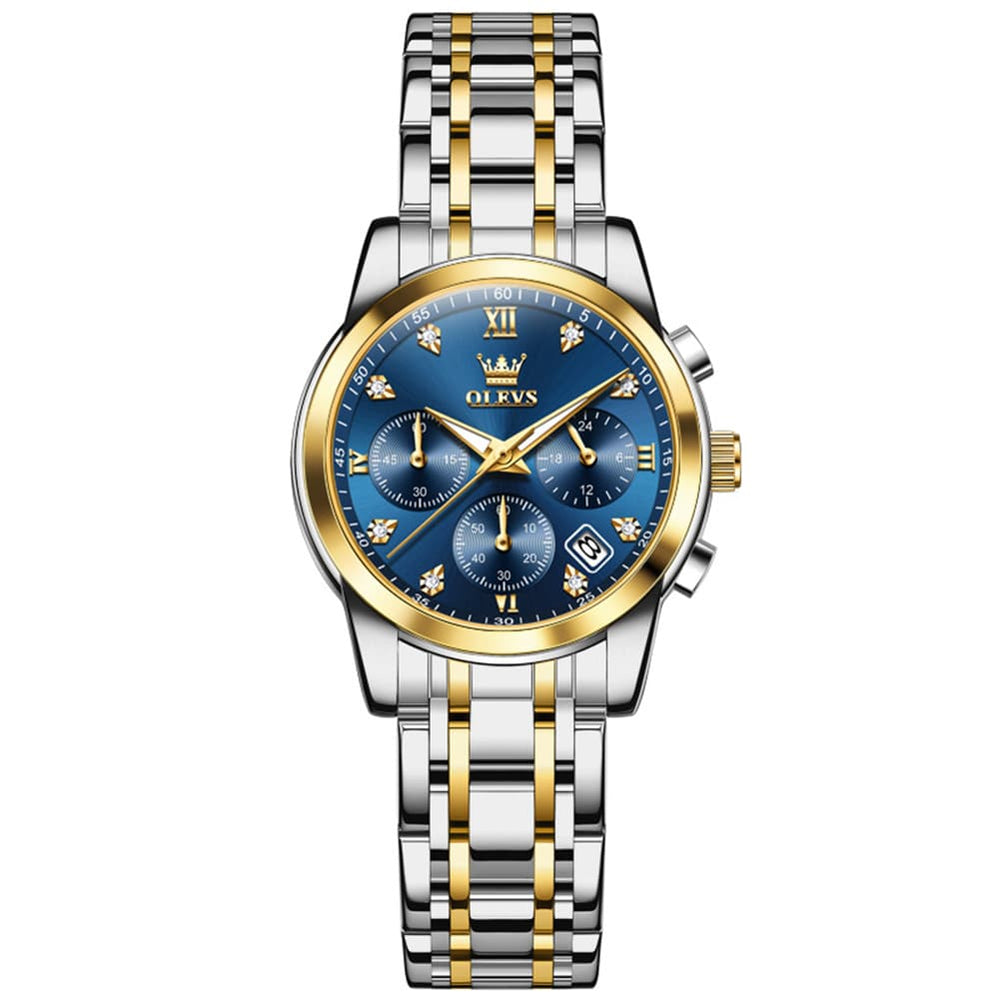 OLEVS 2858 Elegant Moon Phase Chronograph Watch for Women - Two-Tone Blue Watch | Olevs Watch Store